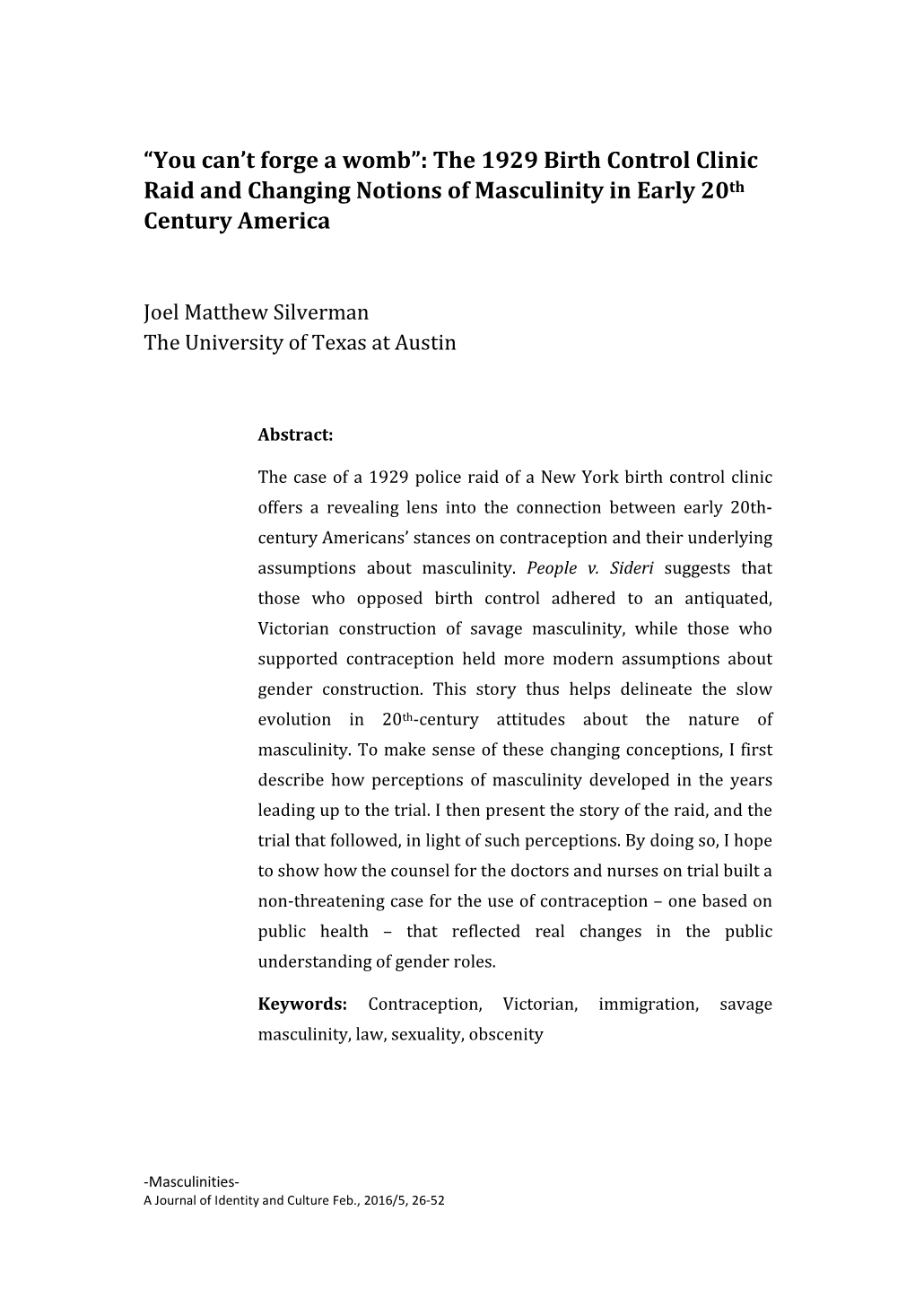 The 1929 Birth Control Clinic Raid and Changing Notions of Masculinity in Early 20Th Century America