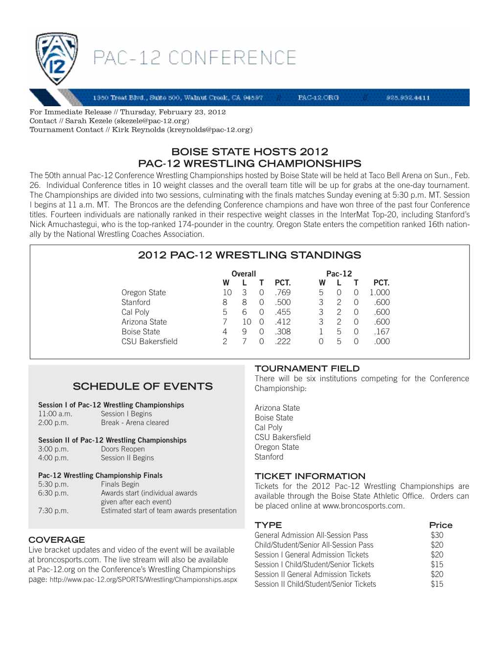 Boise State Hosts 2012 Pac-12 Wrestling Championships Schedule