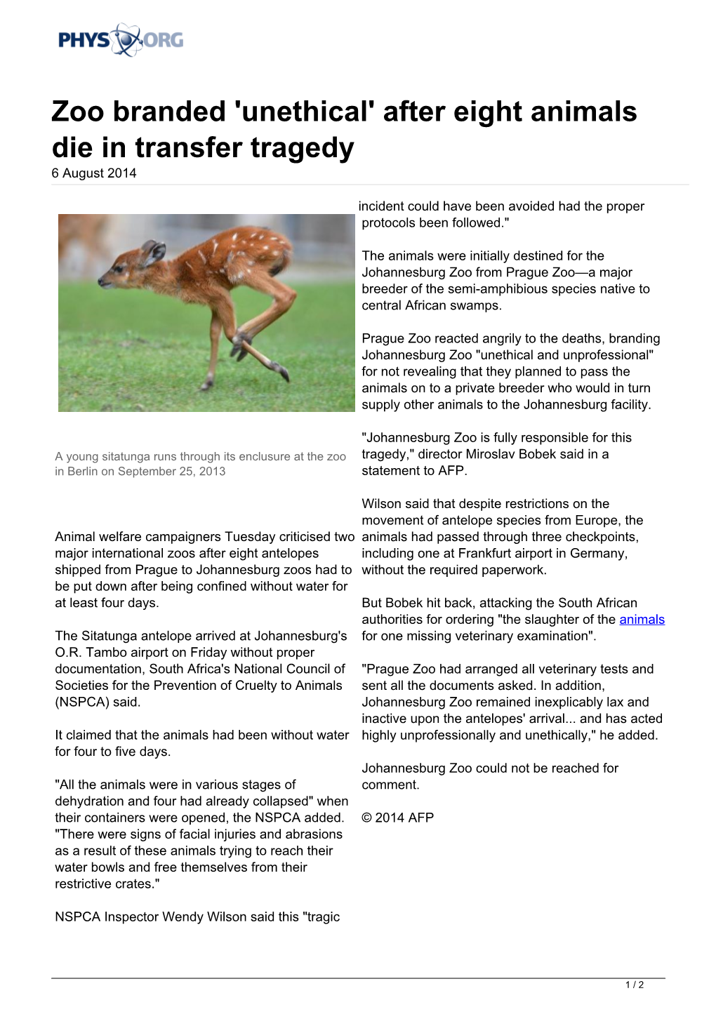 Zoo Branded 'Unethical' After Eight Animals Die in Transfer Tragedy 6 August 2014
