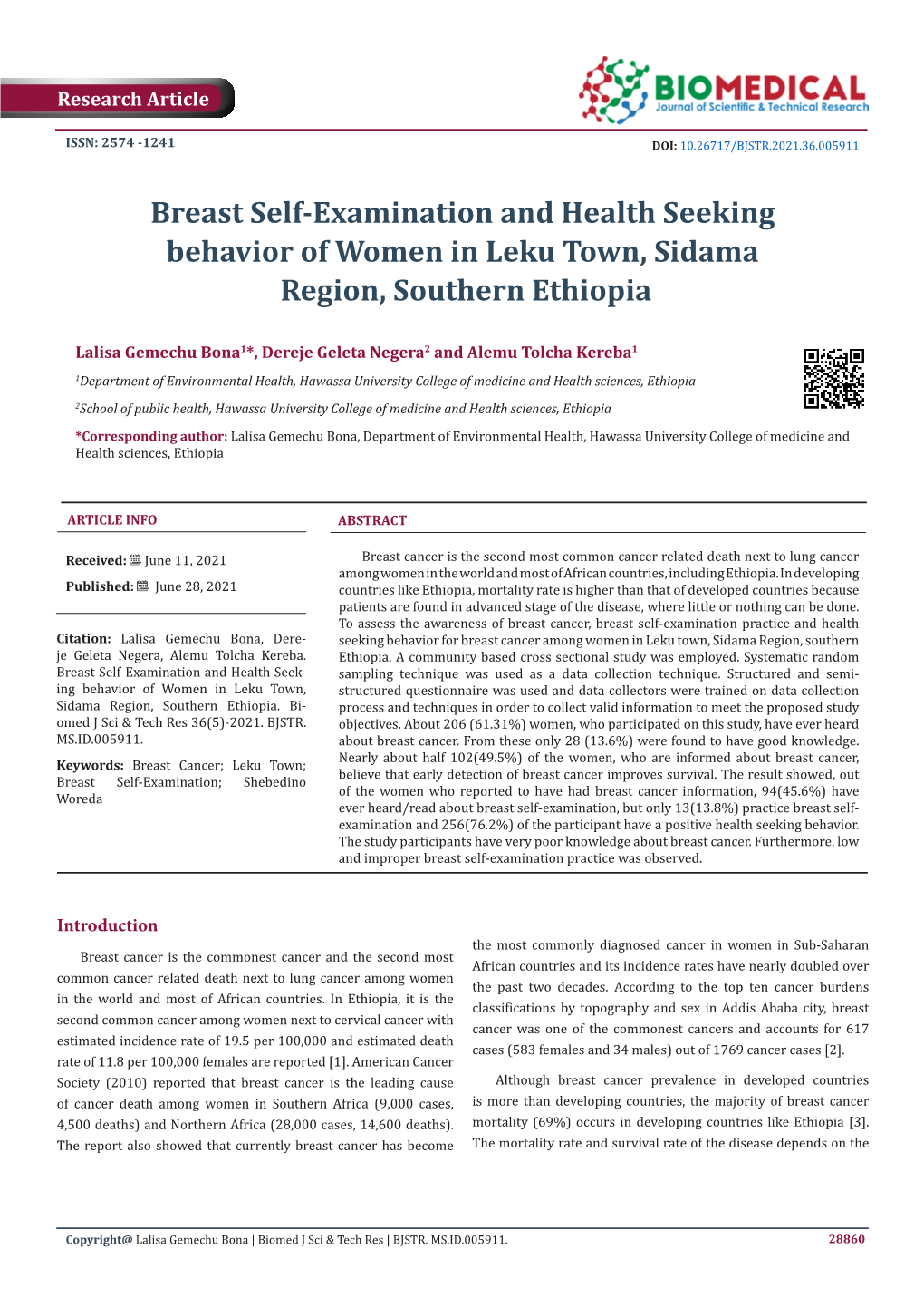 Breast Self-Examination and Health Seeking Behavior of Women in Leku Town, Sidama Region, Southern Ethiopia