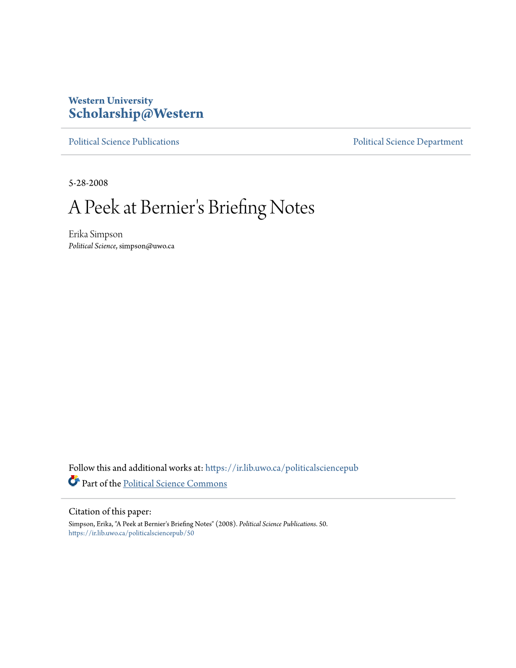 A Peek at Bernier's Briefing Notes Erika Simpson Political Science, Simpson@Uwo.Ca