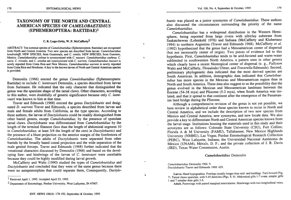 EPHEMEROPTERA: BAETIDAE)L Camelobaetidius Has a Widespread Distribution in the Western Hemi­ Sphere, Being Reported from Large Rivers with Silt/Clay Substrate from C