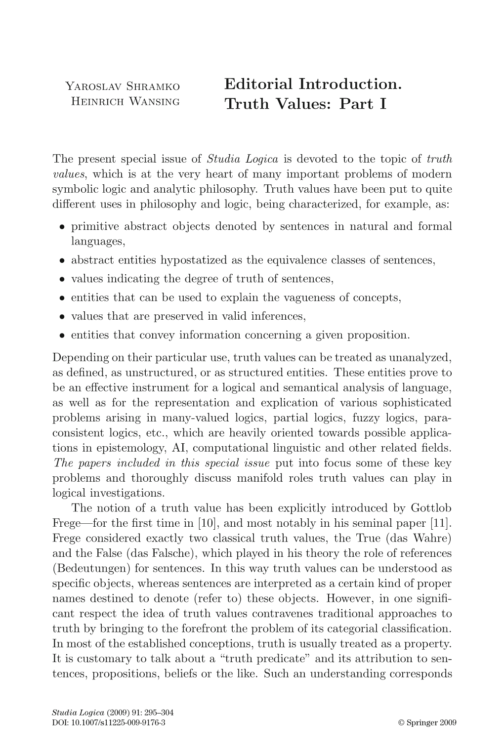 Editorial Introduction. Truth Values: Part I 297 Objects with Criteria of Identity