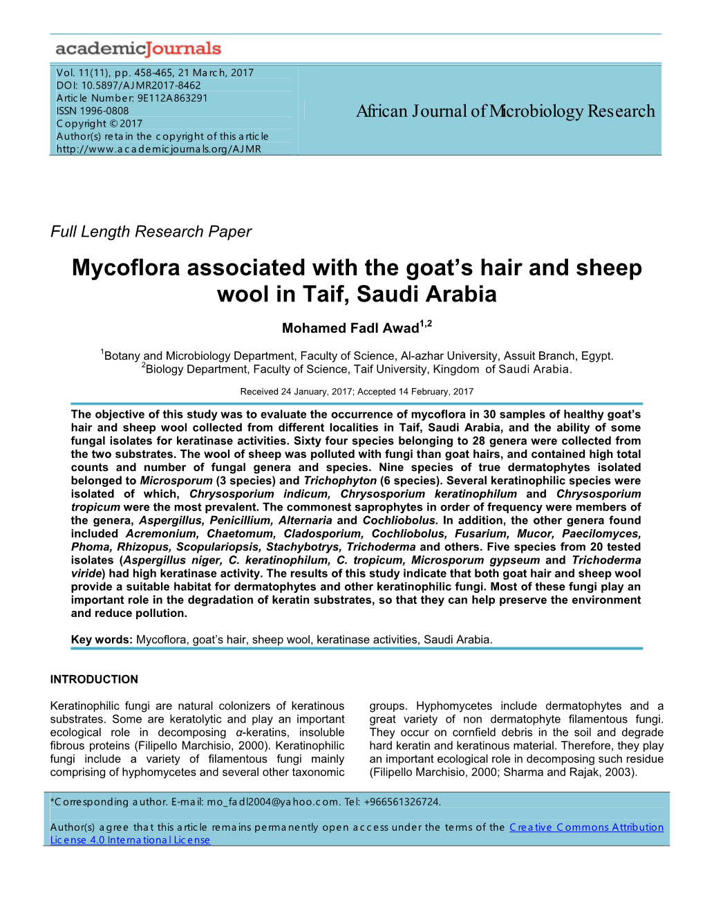 Mycoflora Associated with the Goat's Hair and Sheep Wool in Taif, Saudi