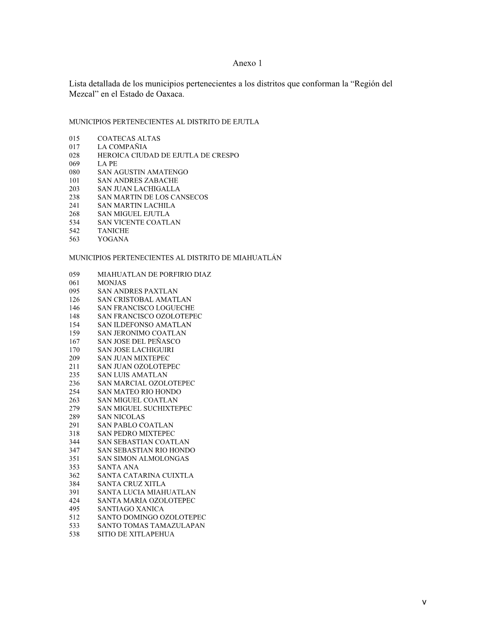 V Anexo 1 Lista Detallada De Los Municipios Pertenecientes a Los