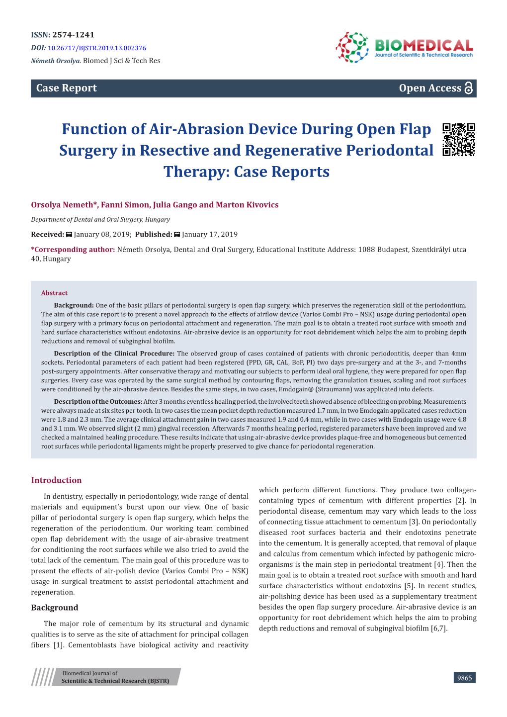 Function of Air-Abrasion Device During Open Flap Surgery in Resective and Regenerative Periodontal Therapy: Case Reports