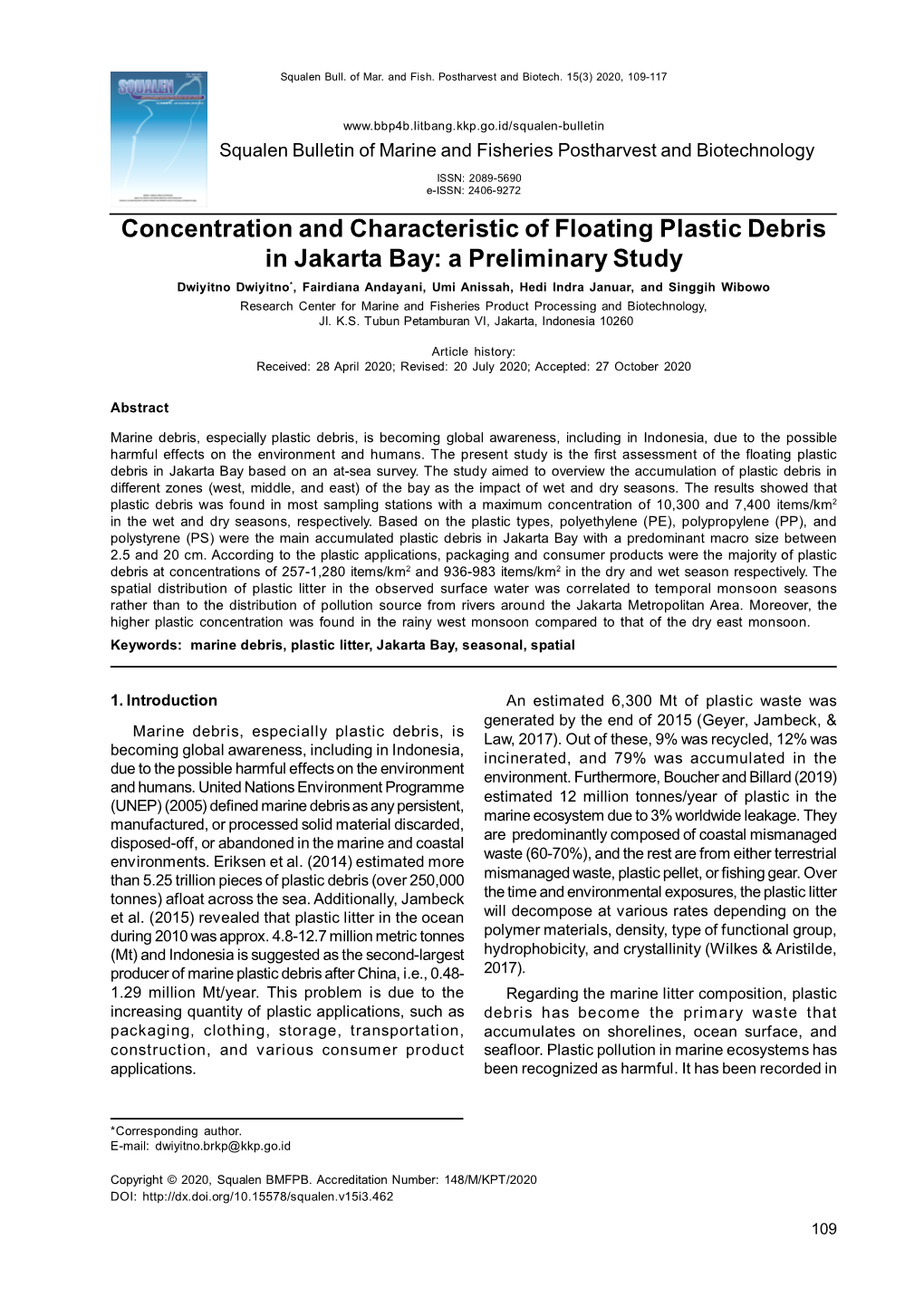 Concentration and Characteristic of Floating Plastic Debris in Jakarta