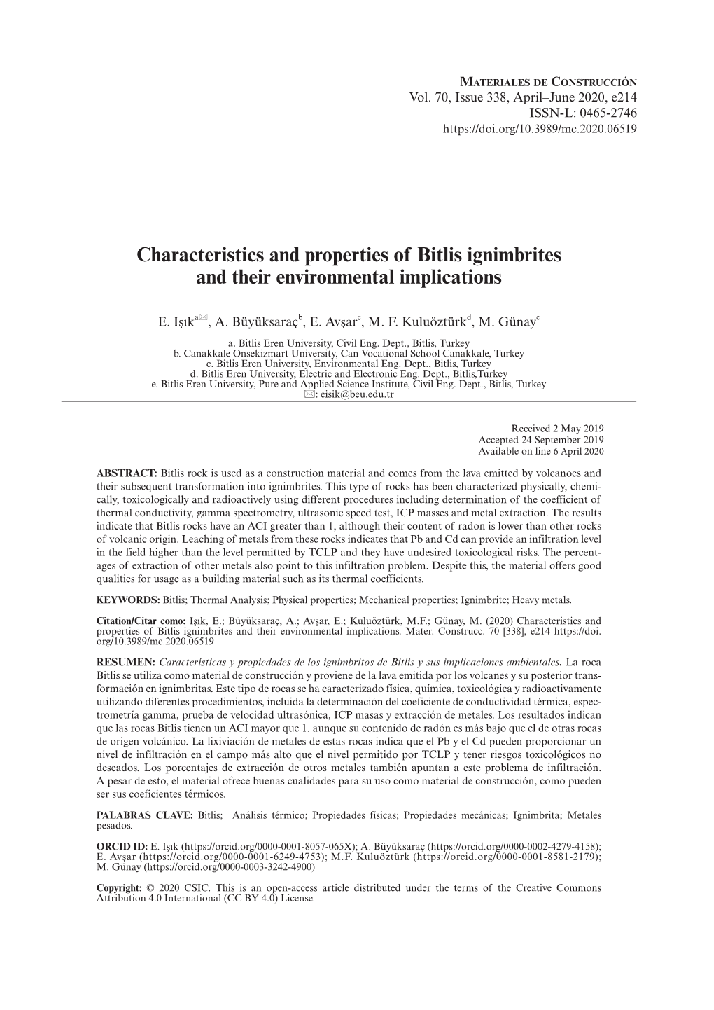 Characteristics and Properties of Bitlis Ignimbrites and Their Environmental Implications