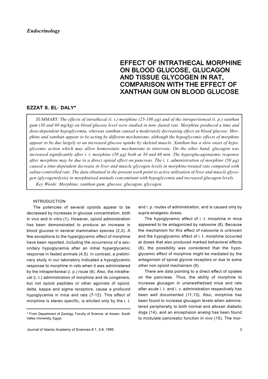 Effect of Intrathecal Morphine on Blood Glucose, Glucagon and Tissue Glycogen in Rat, Comparison with the Effect of Xanthan Gum on Blood Glucose