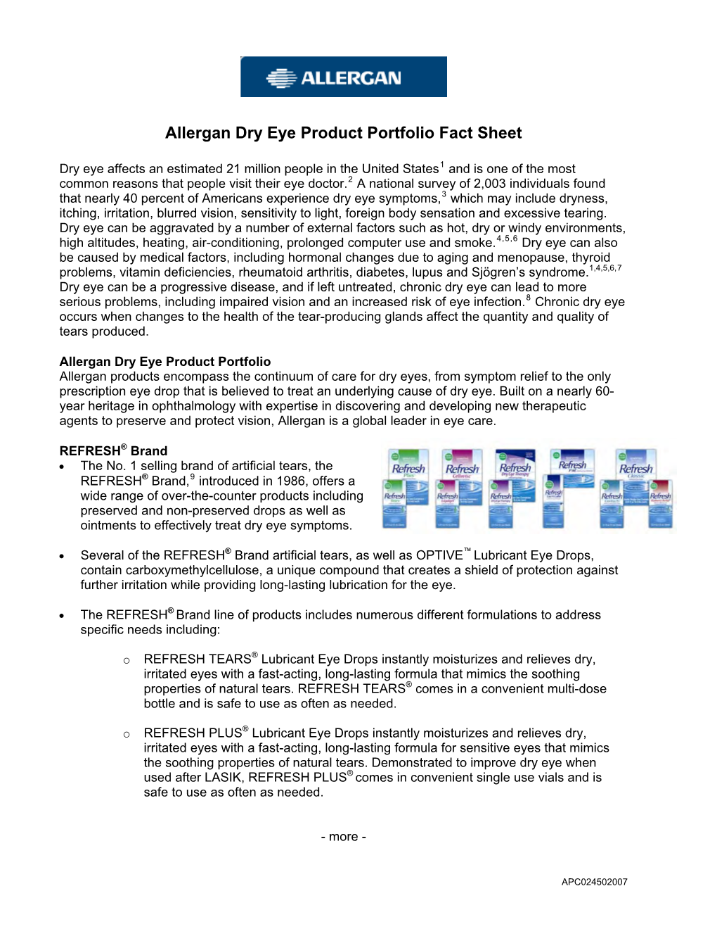 Allergan Dry Eye Product Portfolio Fact Sheet