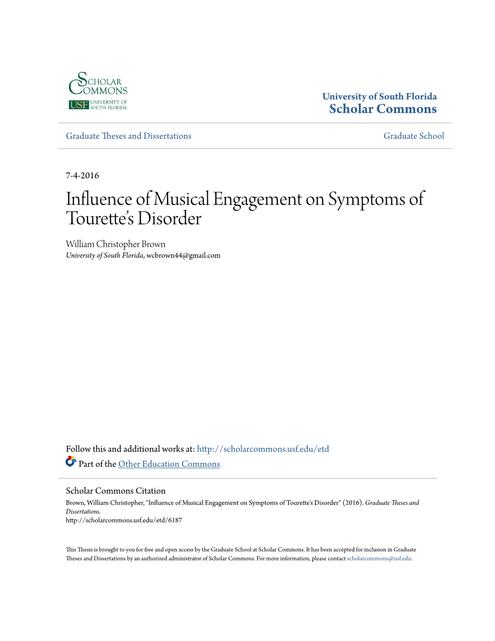 Influence of Musical Engagement on Symptoms of Tourette's Disorder