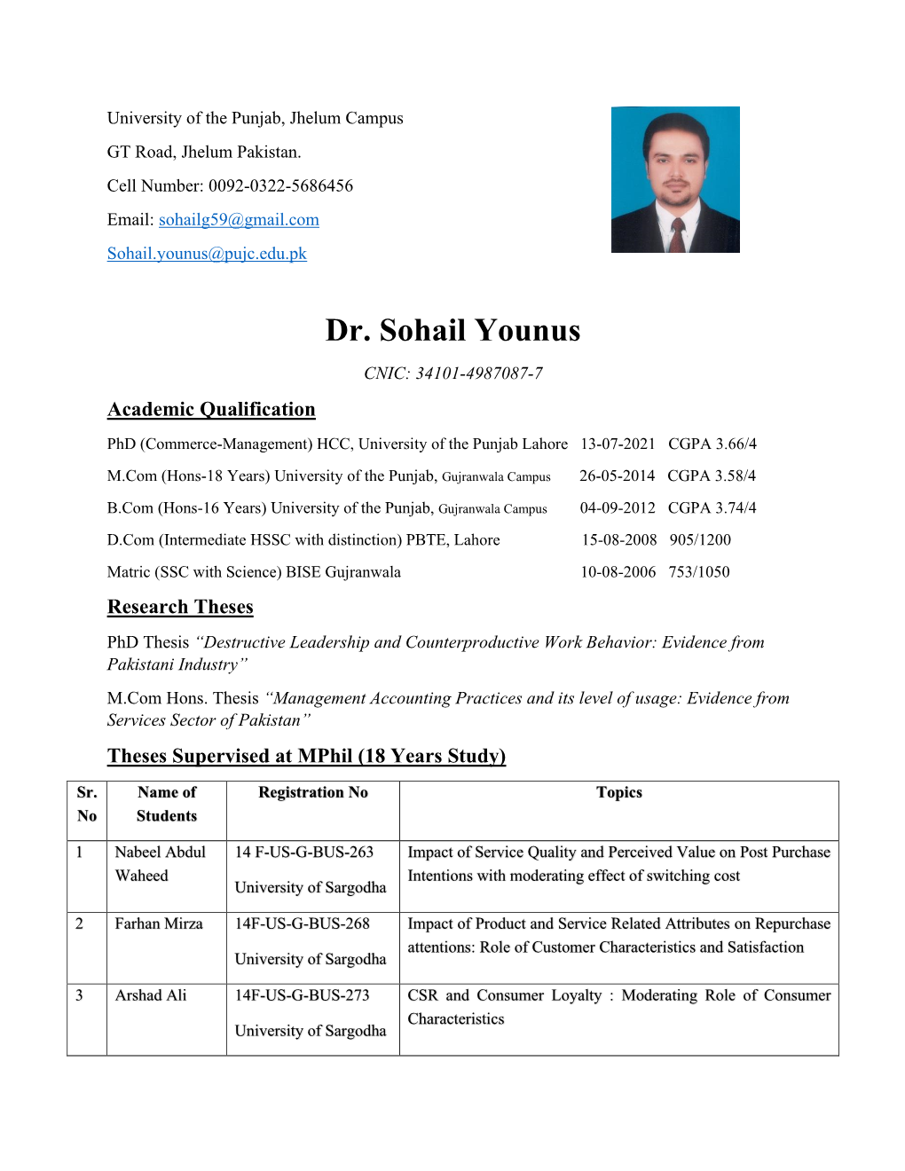 Dr. Sohail Younus CNIC: 34101-4987087-7 Academic Qualification Phd (Commerce-Management) HCC, University of the Punjab Lahore 13-07-2021 CGPA 3.66/4