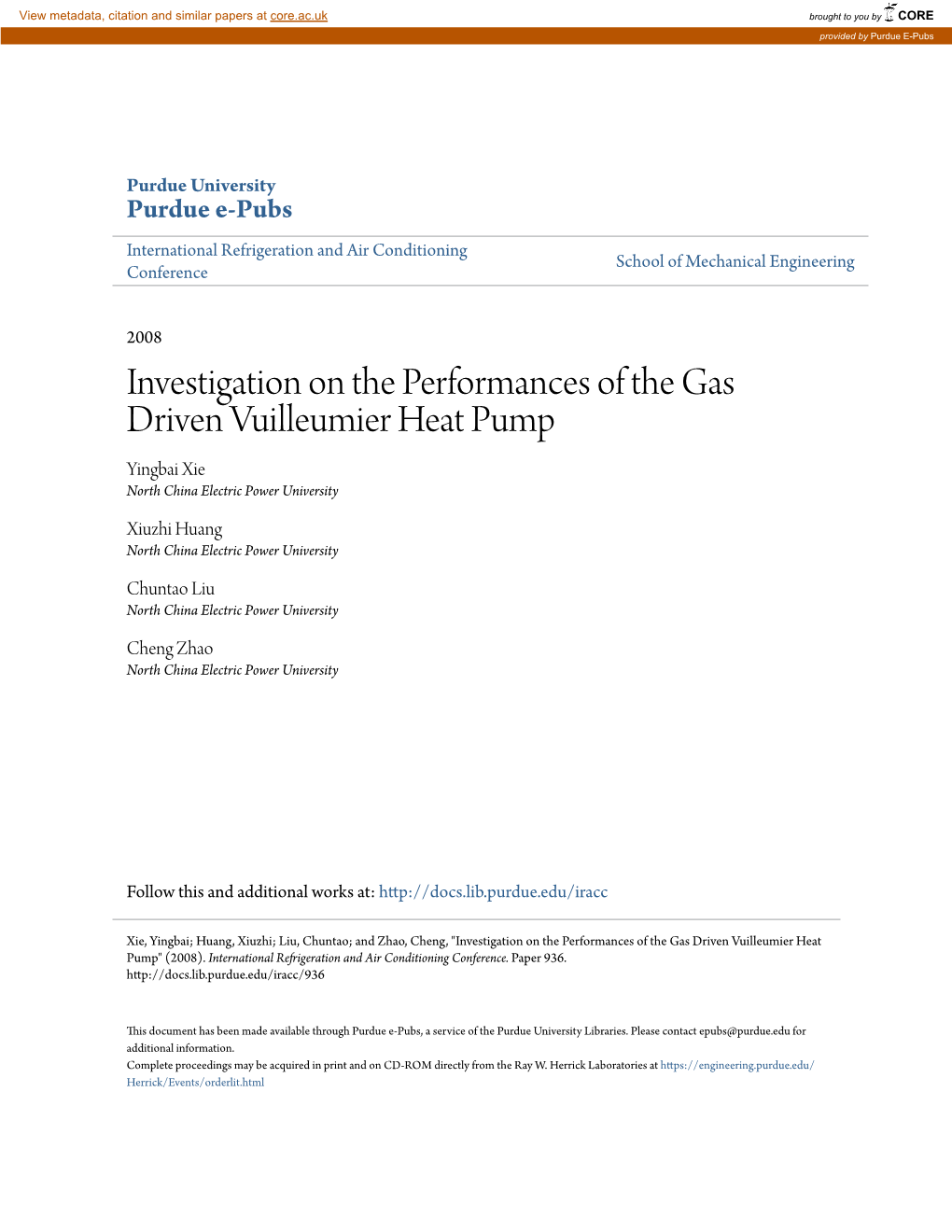 Investigation on the Performances of the Gas Driven Vuilleumier Heat Pump Yingbai Xie North China Electric Power University