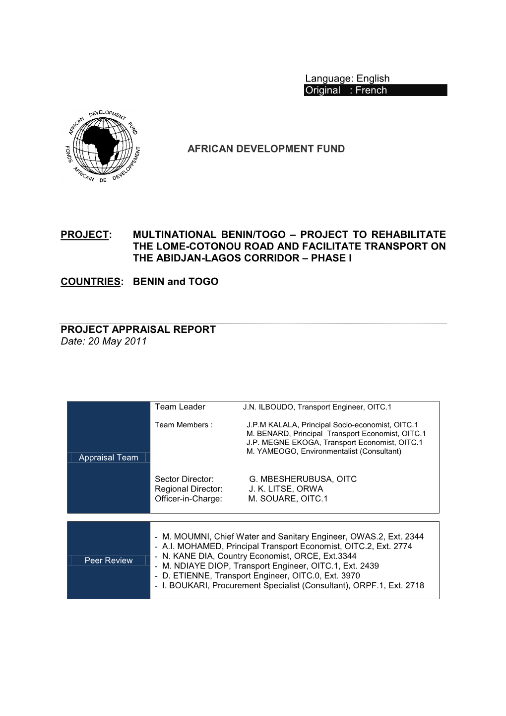 Benin/Togo – Project to Rehabilitate the Lome-Cotonou Road and Facilitate Transport on the Abidjan-Lagos Corridor – Phase I