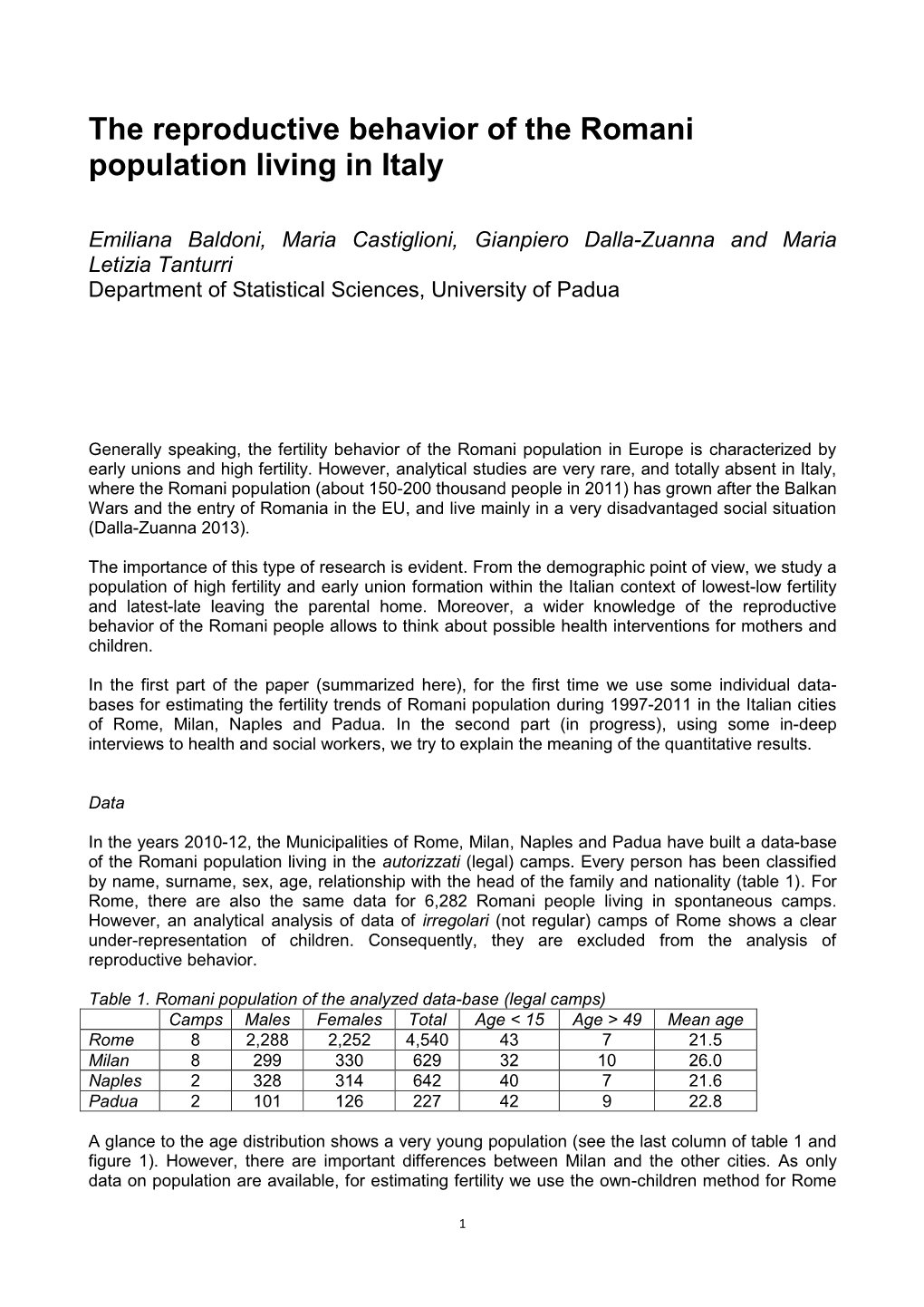 The Reproductive Behavior of the Romani Population Living in Italy