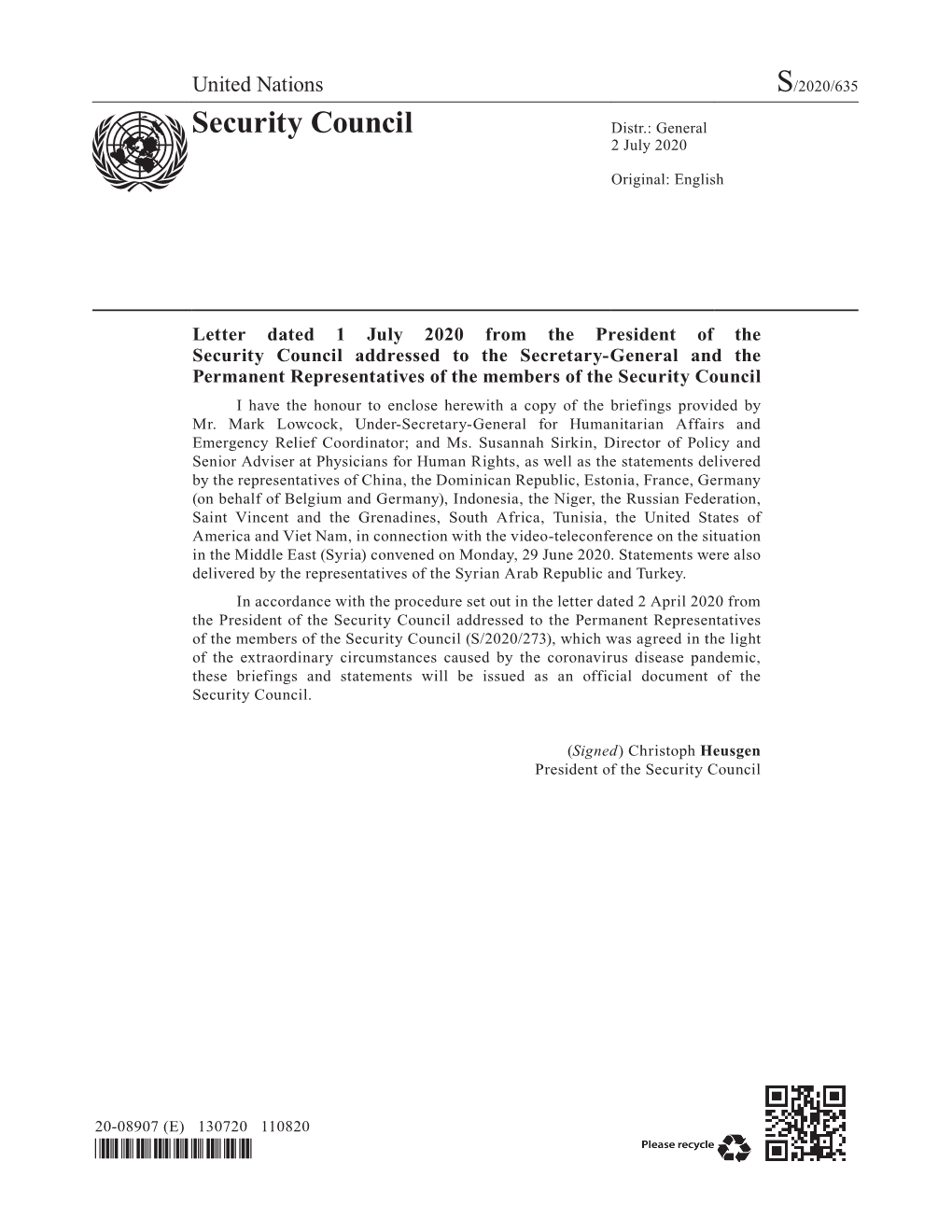 Letter Dated 1 July 2020 from the President of the Security Council