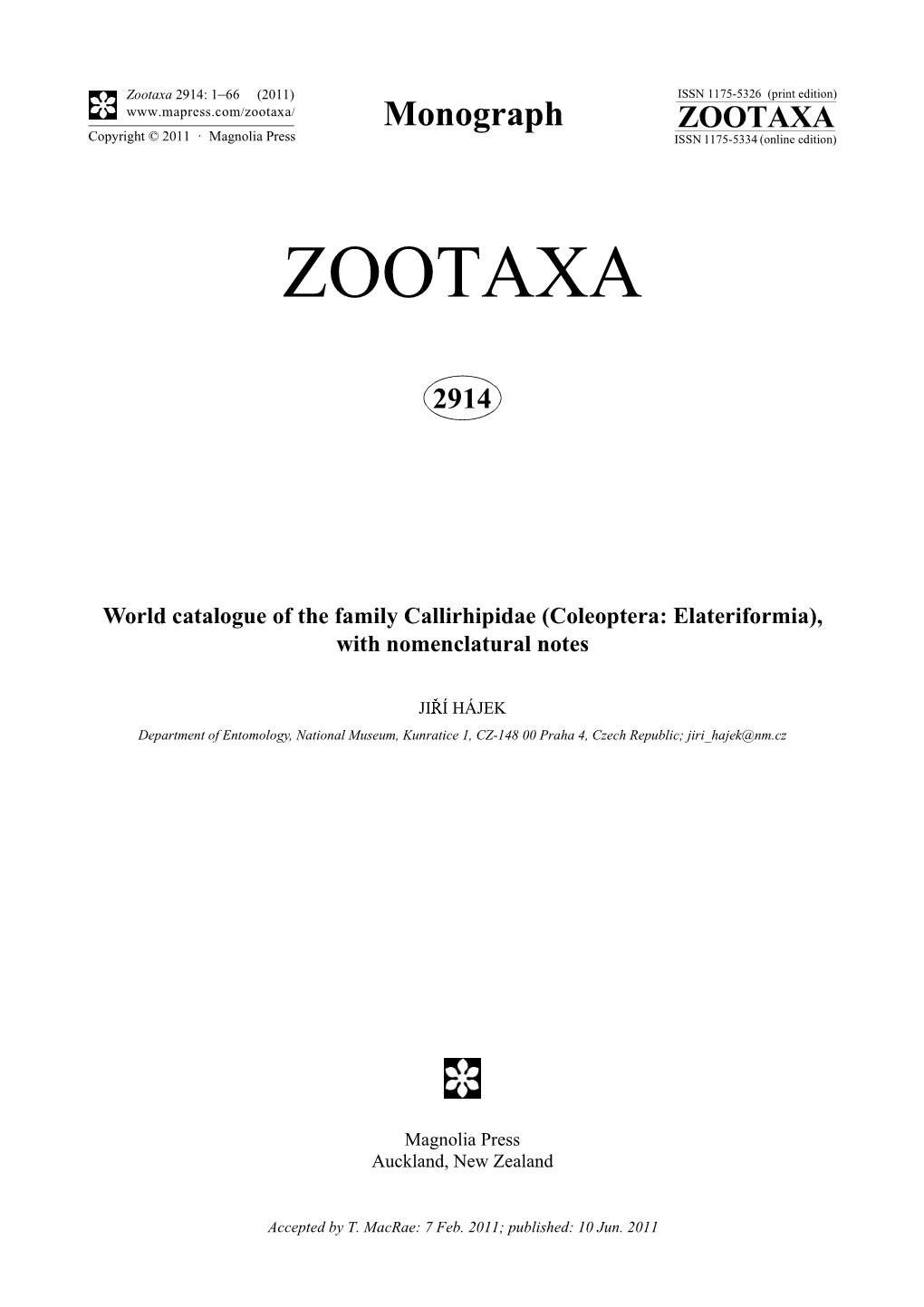 World Catalogue of the Family Callirhipidae (Coleoptera: Elateriformia), with Nomenclatural Notes