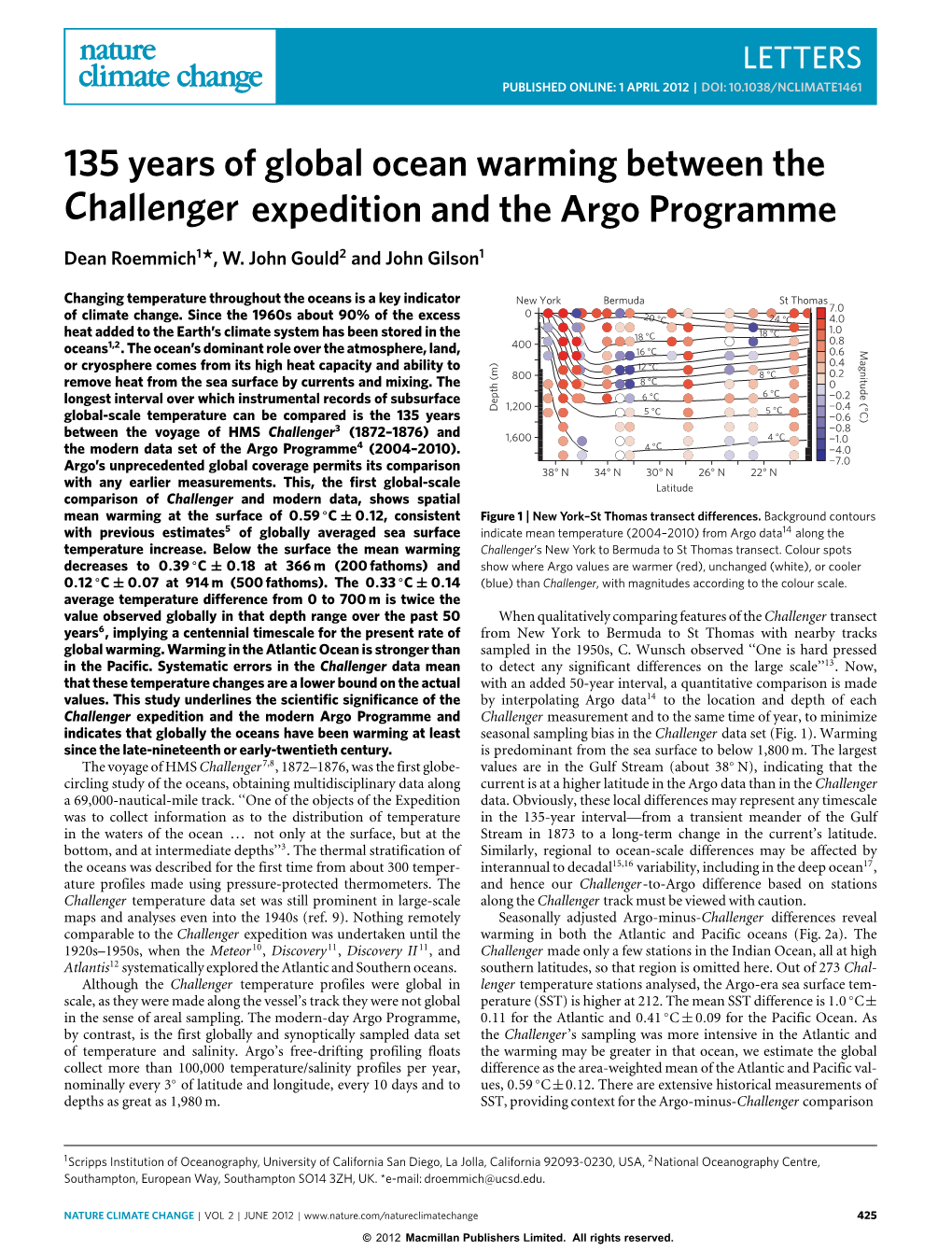 135 Years of Global Ocean Warming Between the Challenger Expedition and the Argo Programme Dean Roemmich1*, W