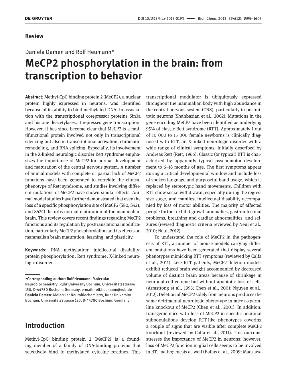 Mecp2 Phosphorylation in the Brain: from Transcription to Behavior