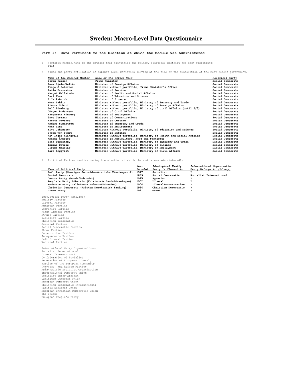 Sweden: Macro-Level Data Questionnaire