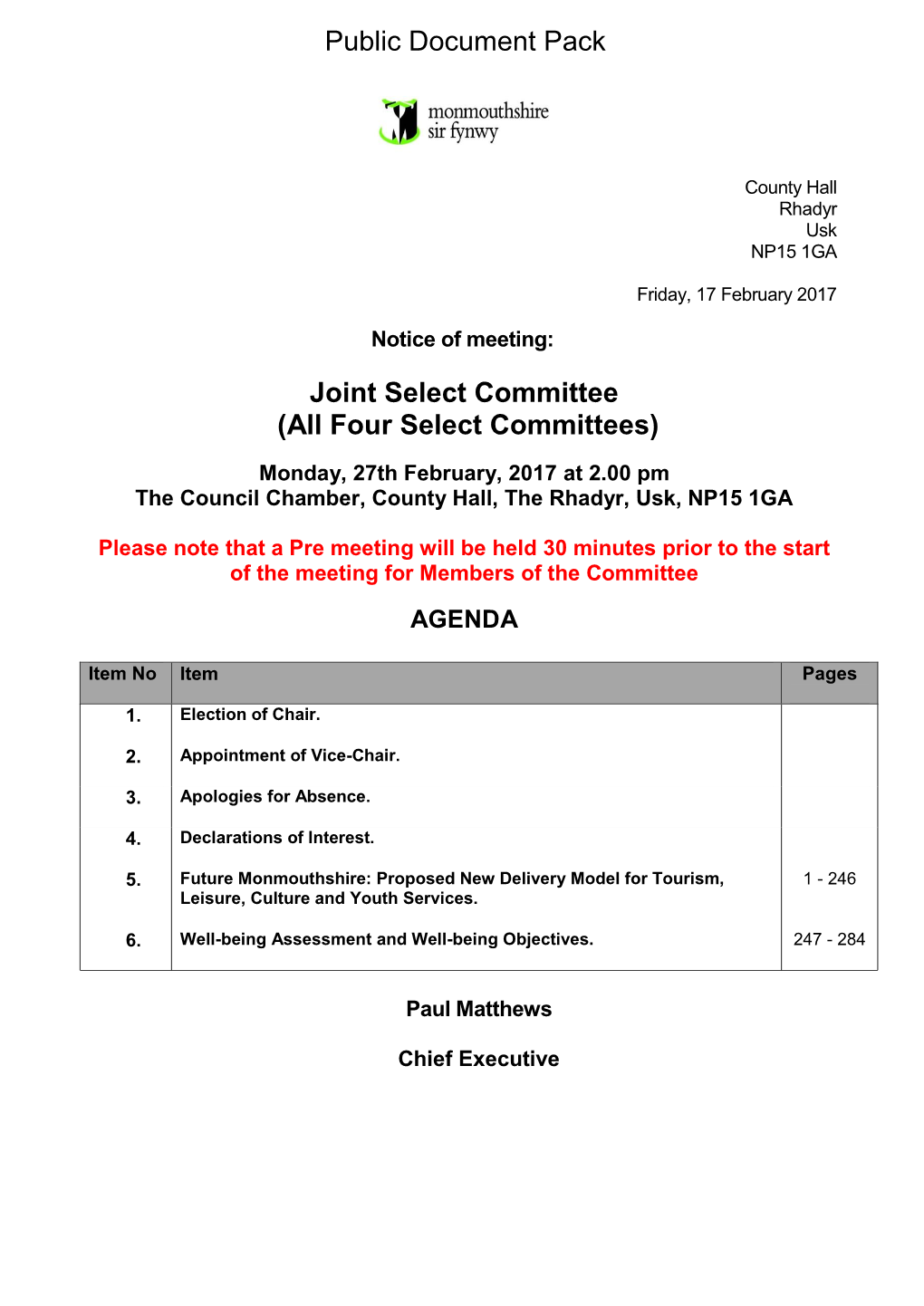 (Public Pack)Agenda Document for Joint Select Committee, 27/02/2017