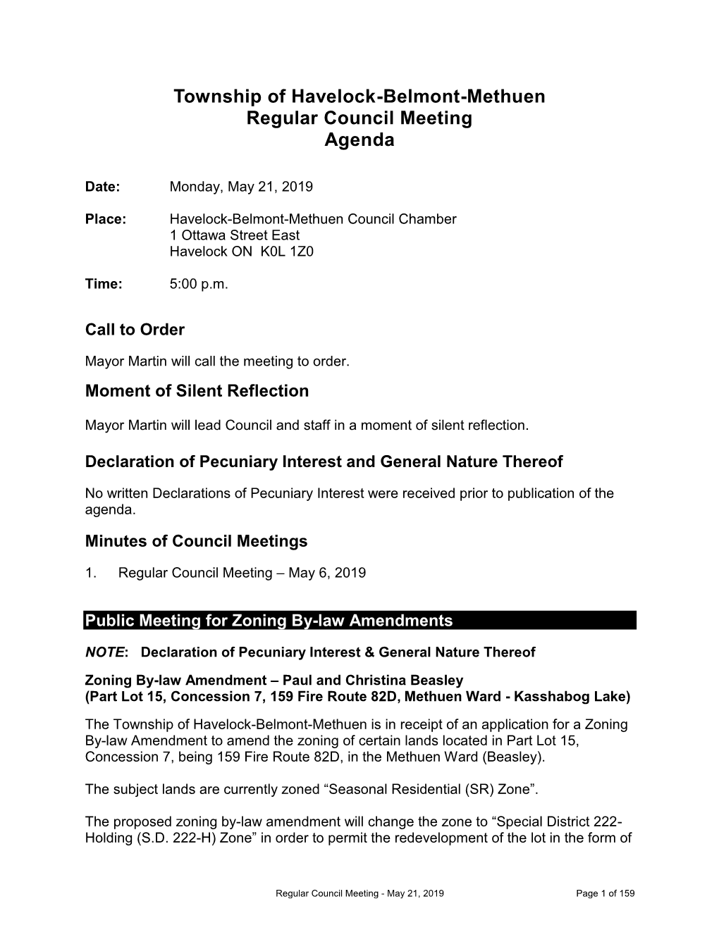 Township of Havelock-Belmont-Methuen Regular Council Meeting Agenda