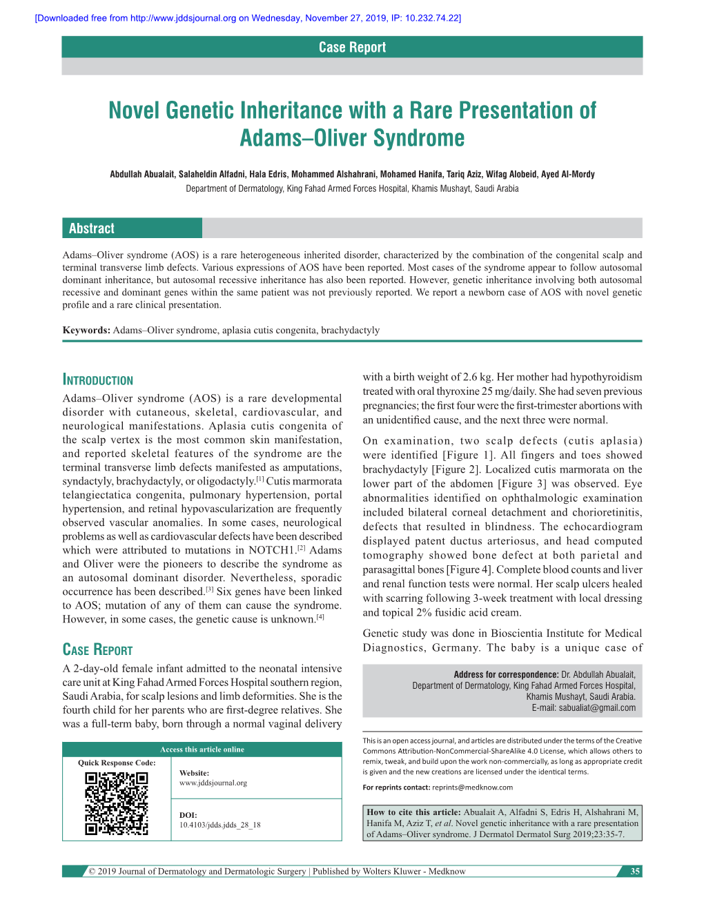 Novel Genetic Inheritance with a Rare Presentation of Adams–Oliver Syndrome