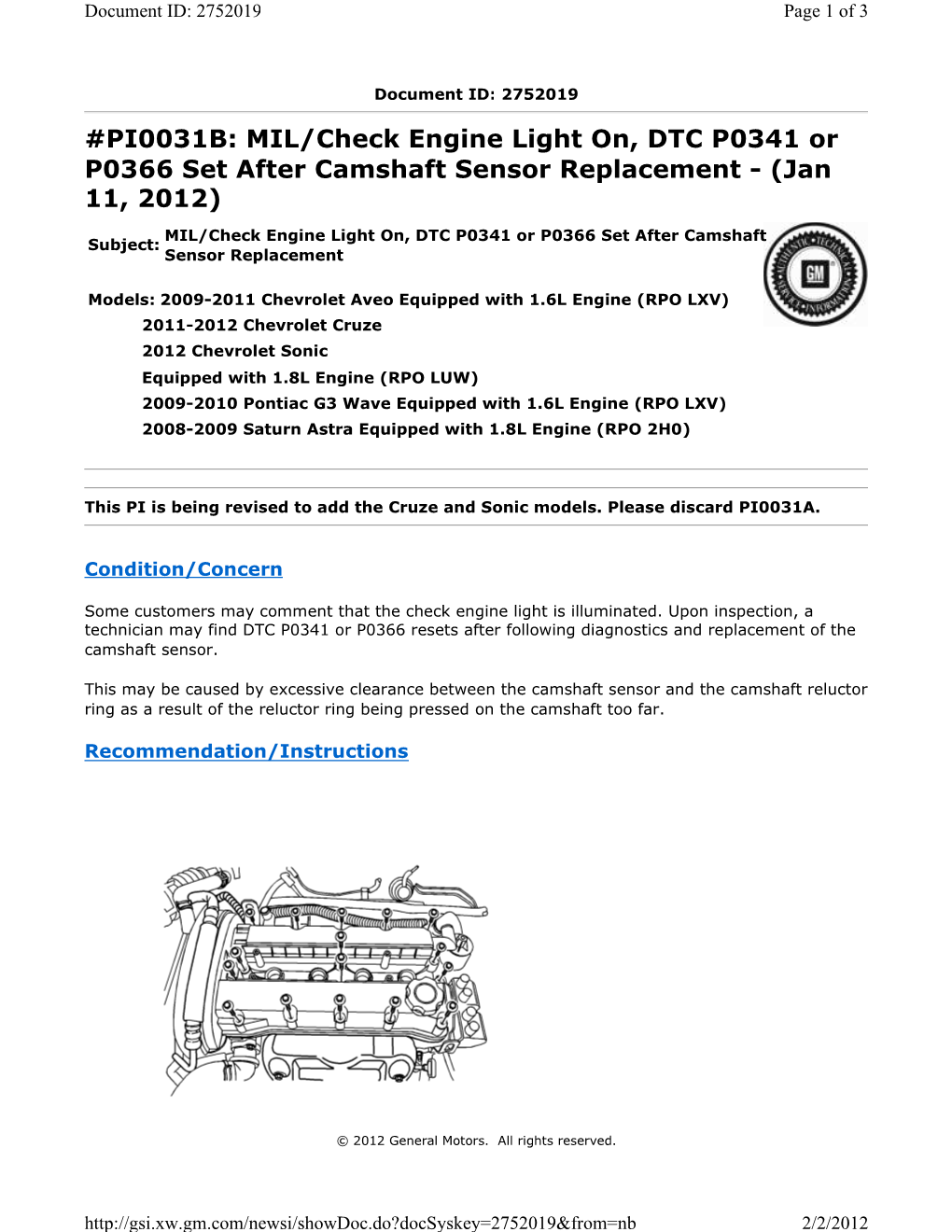 PI0031B: MIL/Check Engine Light On, DTC P0341 Or P0366 Set After Camshaft Sensor Replacement - (Jan 11, 2012)