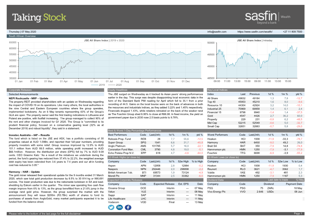 South African Overview Selected Announcements Expected Corporate Releases Dividend Data Please Refer to the Bottom of the Last P