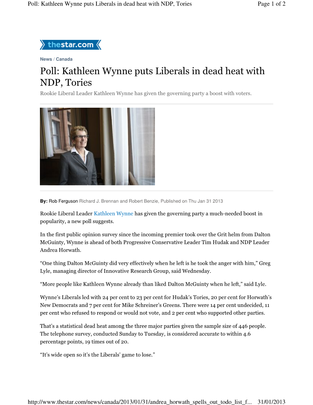 Kathleen Wynne Puts Liberals in Dead Heat with NDP, Tories Page 1 of 2