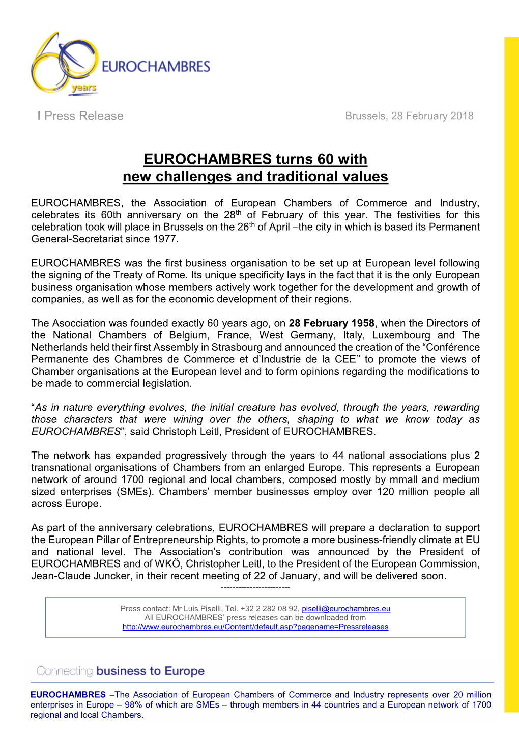 EUROCHAMBRES Turns 60 with New Challenges and Traditional Values