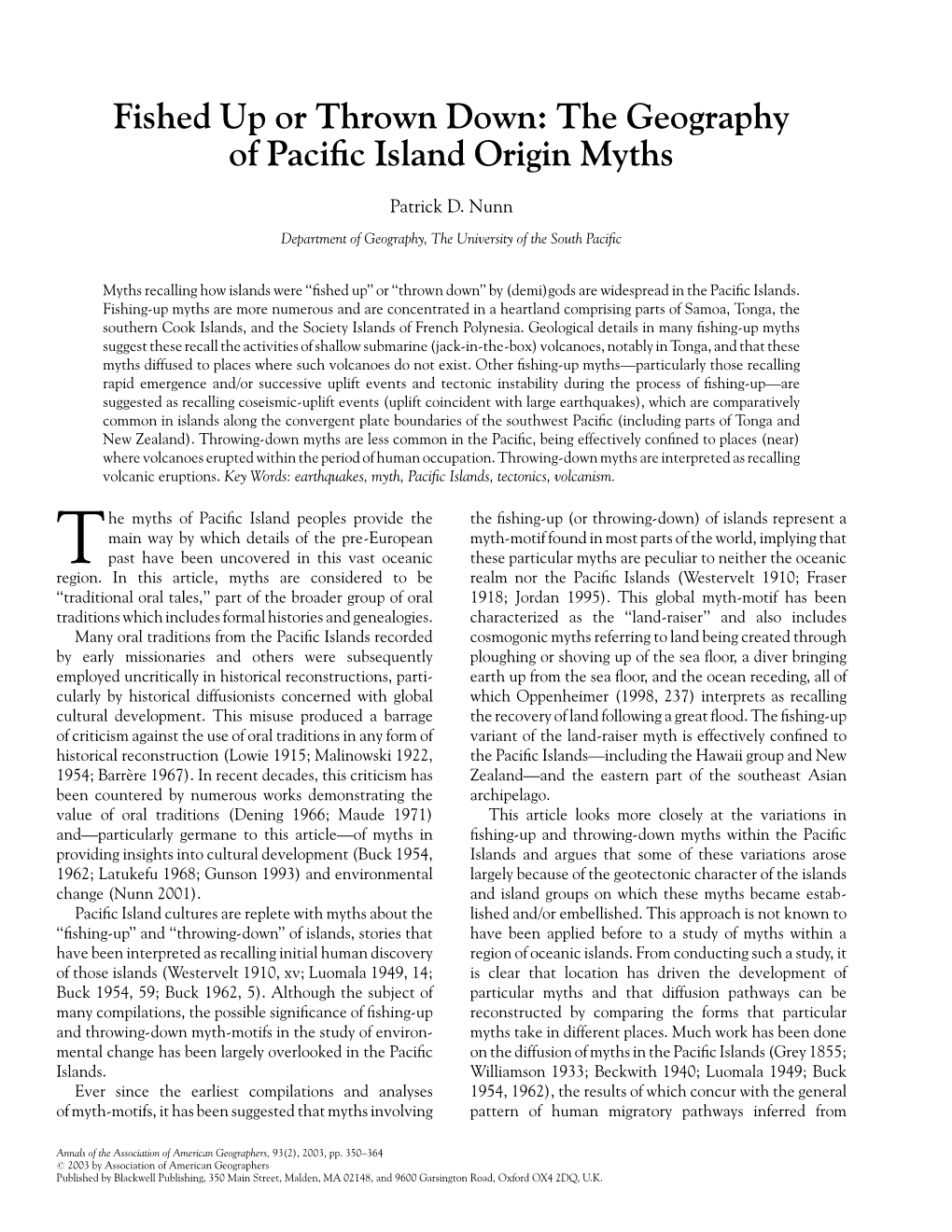 The Geography of Pacific Island Origin Myths