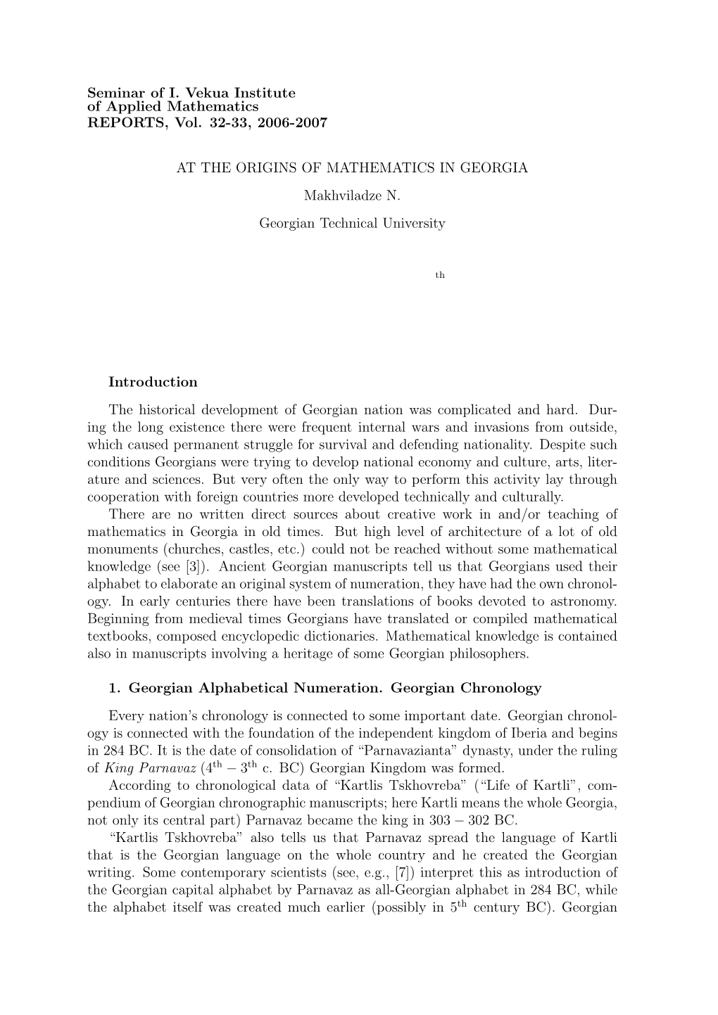 Seminar of I. Vekua Institute of Applied Mathematics REPORTS, Vol. 32-33, 2006-2007