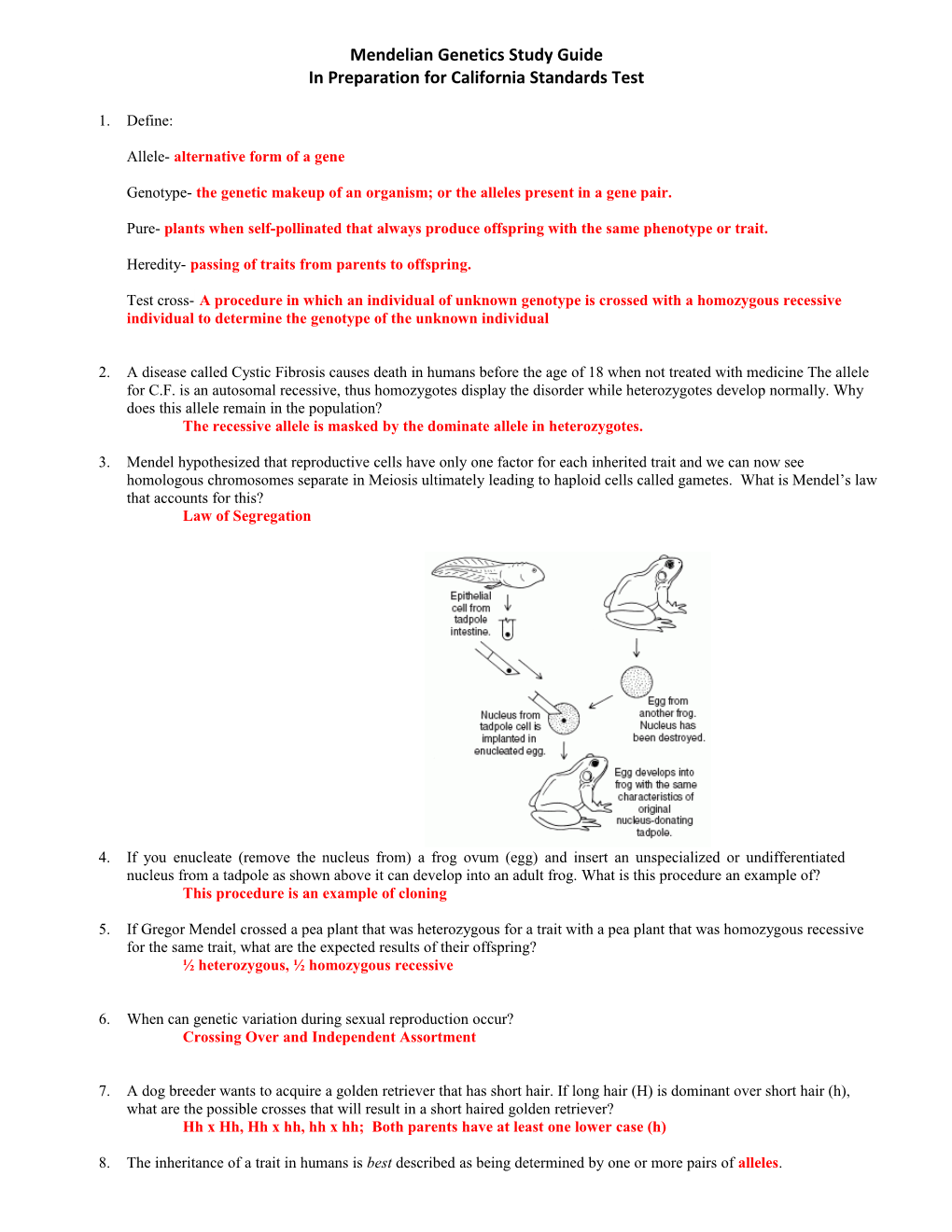 Mendelian Genetics Study Guide