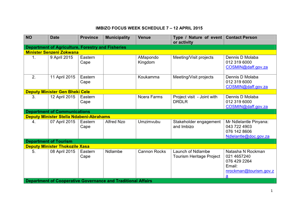 Imbizo Focus Week Schedule 7 – 12 April 2015