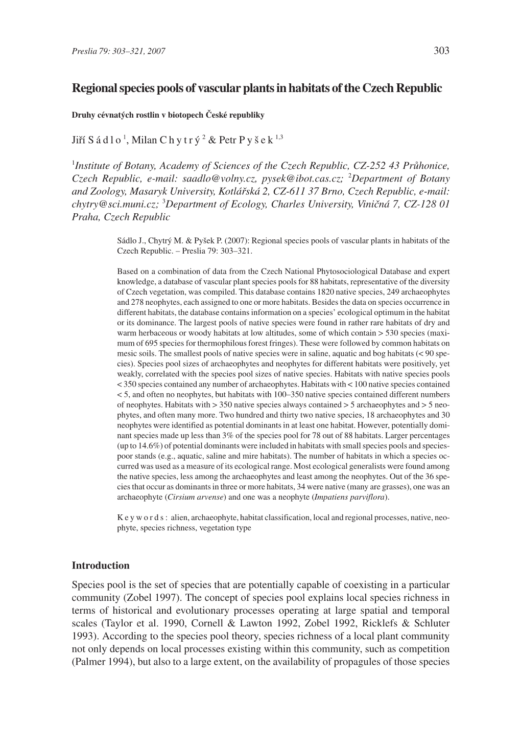 Regional Species Pools of Vascular Plants in Habitats of the Czech Republic