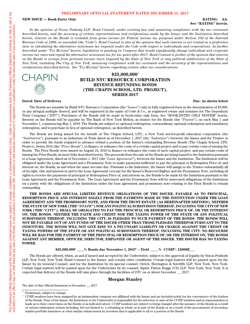 BUILD NYC RESOURCE CORPORATION Ax (THE CHAPINSCHOOL,LTD.PROJECT), M Atters REVENUE REFUNDINGBONDS ” Hereinregardingcertainothertaxconsiderations