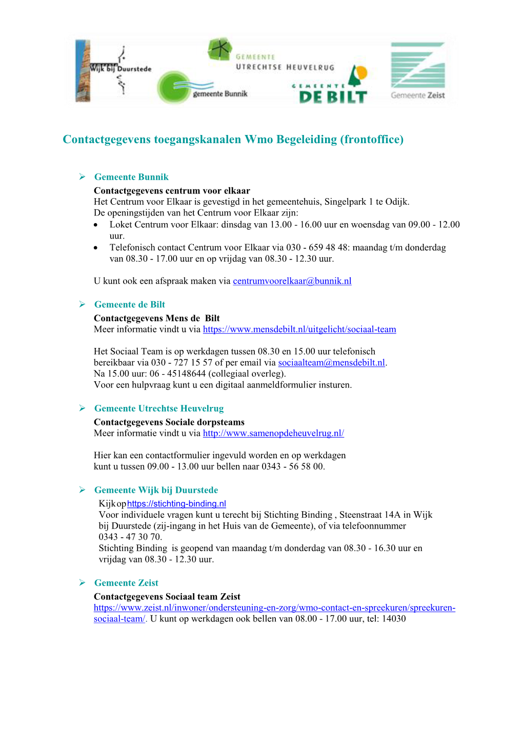 Contactgegevens Front En Backoffice Gemeenten Wmo Begeleiding