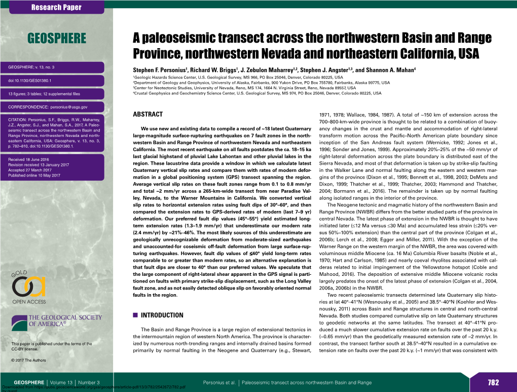 A Paleoseismic Transect Across the Northwestern Basin and Range Province, Northwestern Nevada and Northeastern California, USA GEOSPHERE; V