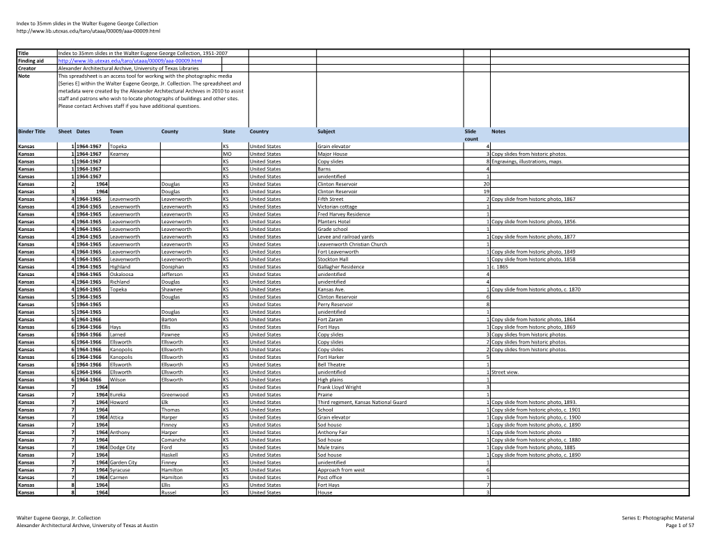 Index to 35Mm Slides in the Walter Eugene George Collection