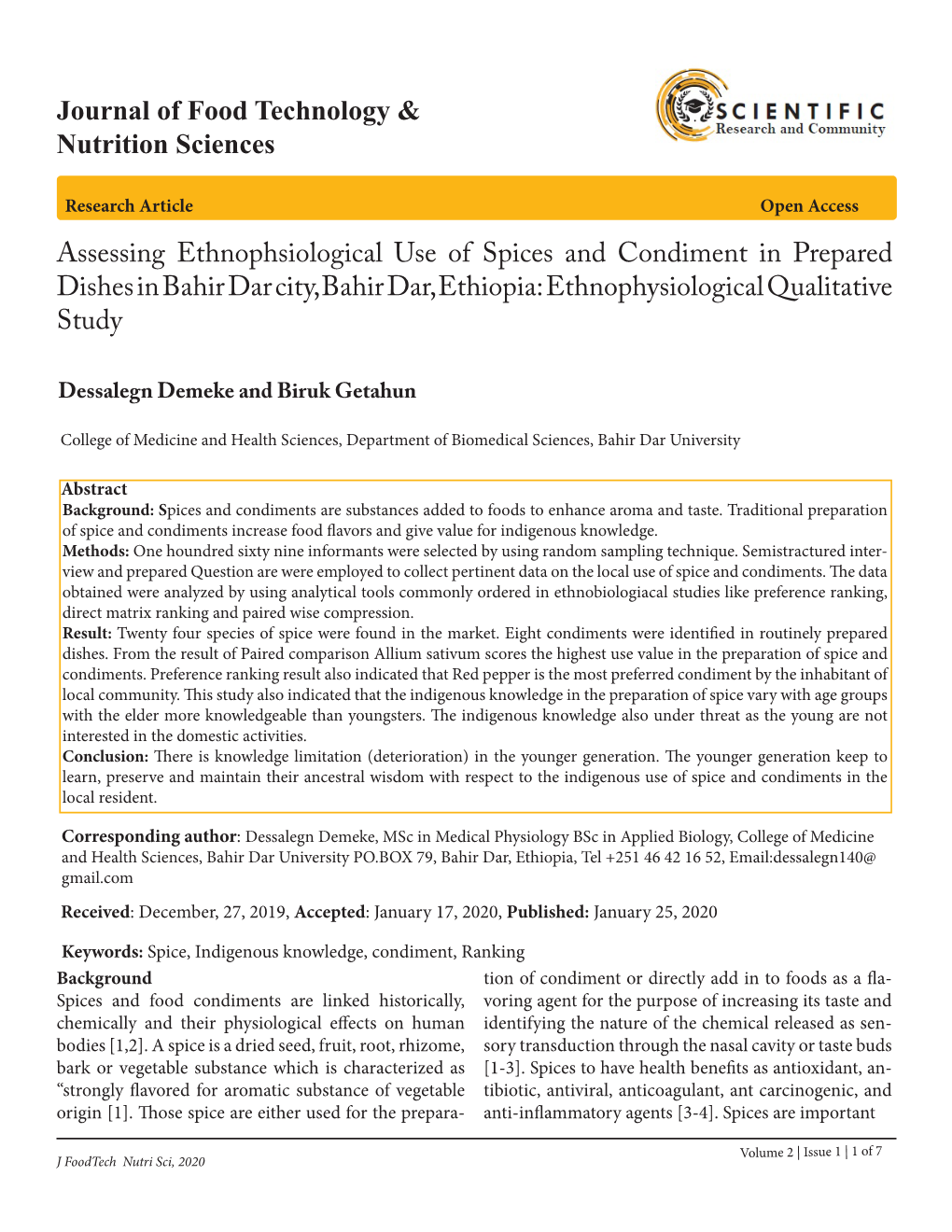 Journal of Food Technology & Nutrition Sciences Assessing