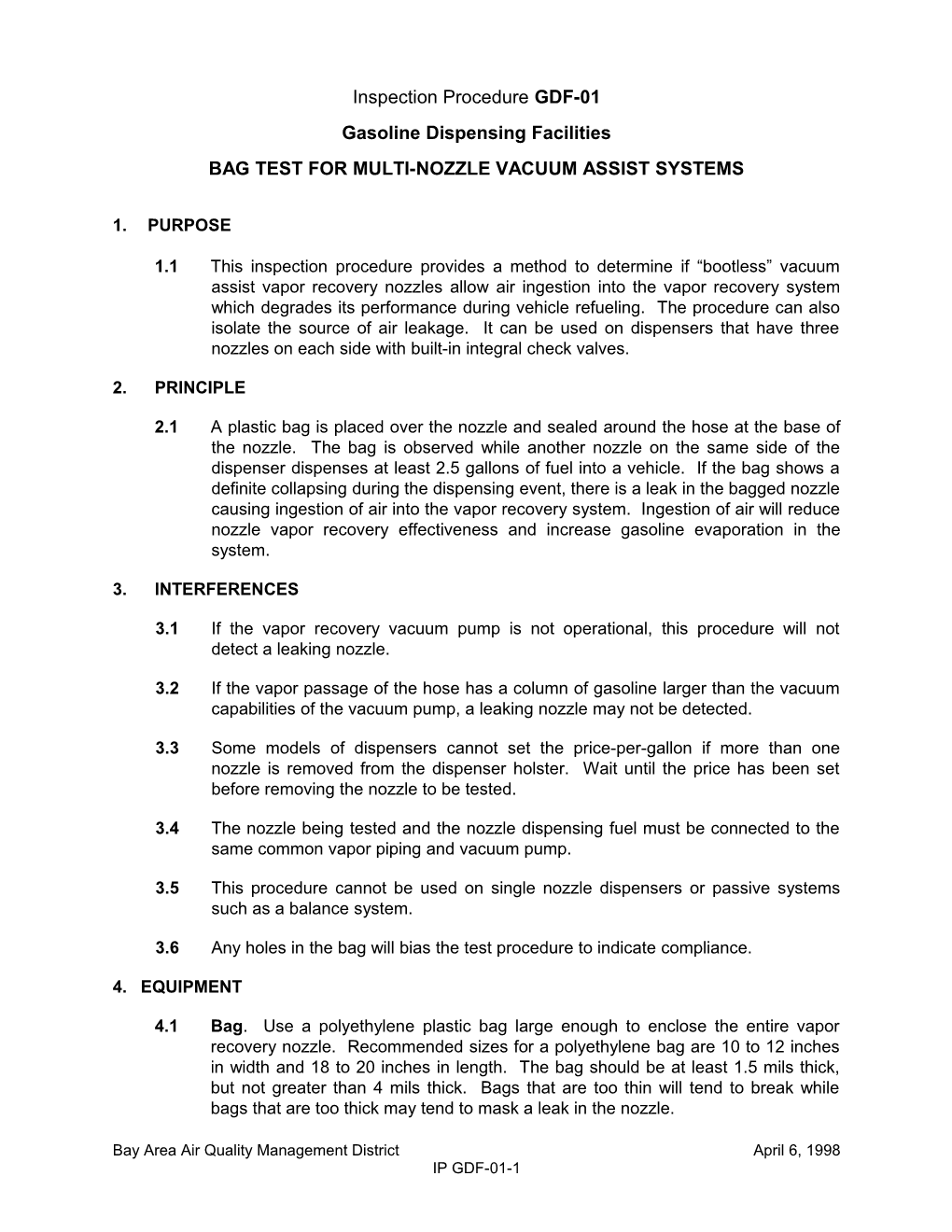 Guidance Document: 1998-04-06 BAAQMD Inspection Procedure GDF-01 - Bag Test for Multi-Nozzle