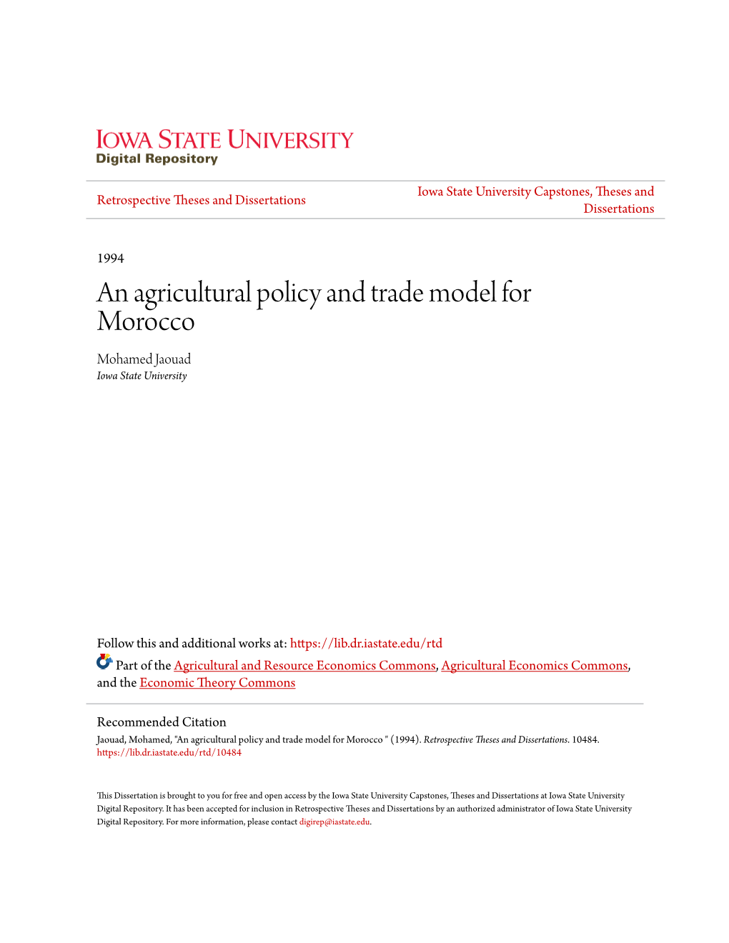 An Agricultural Policy and Trade Model for Morocco Mohamed Jaouad Iowa State University