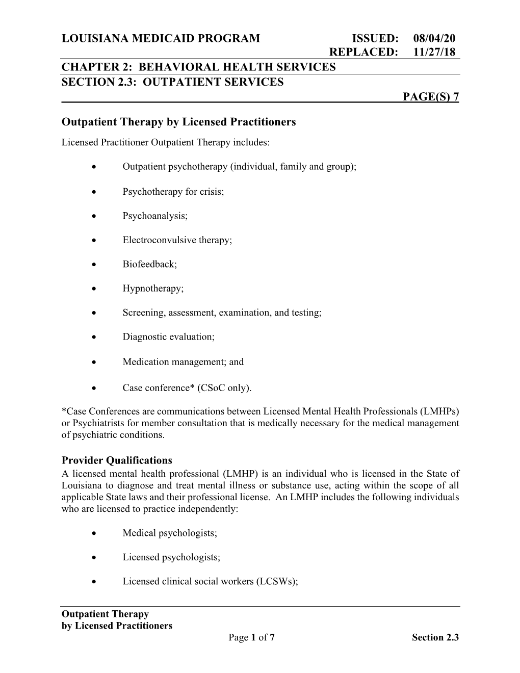 Behavioral Health Services Section 2.3: Outpatient Services Page(S) 7