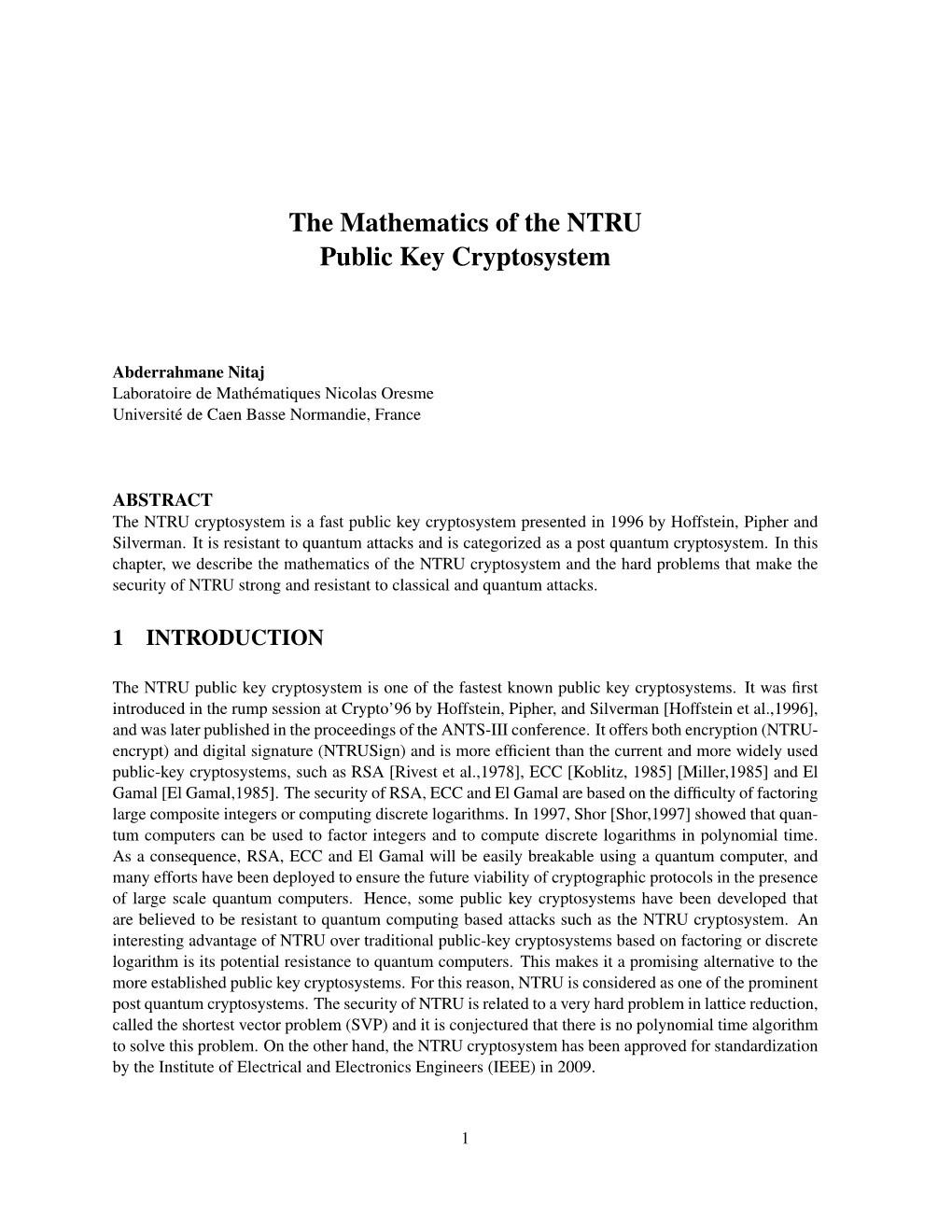 The Mathematics of the NTRU Public Key Cryptosystem