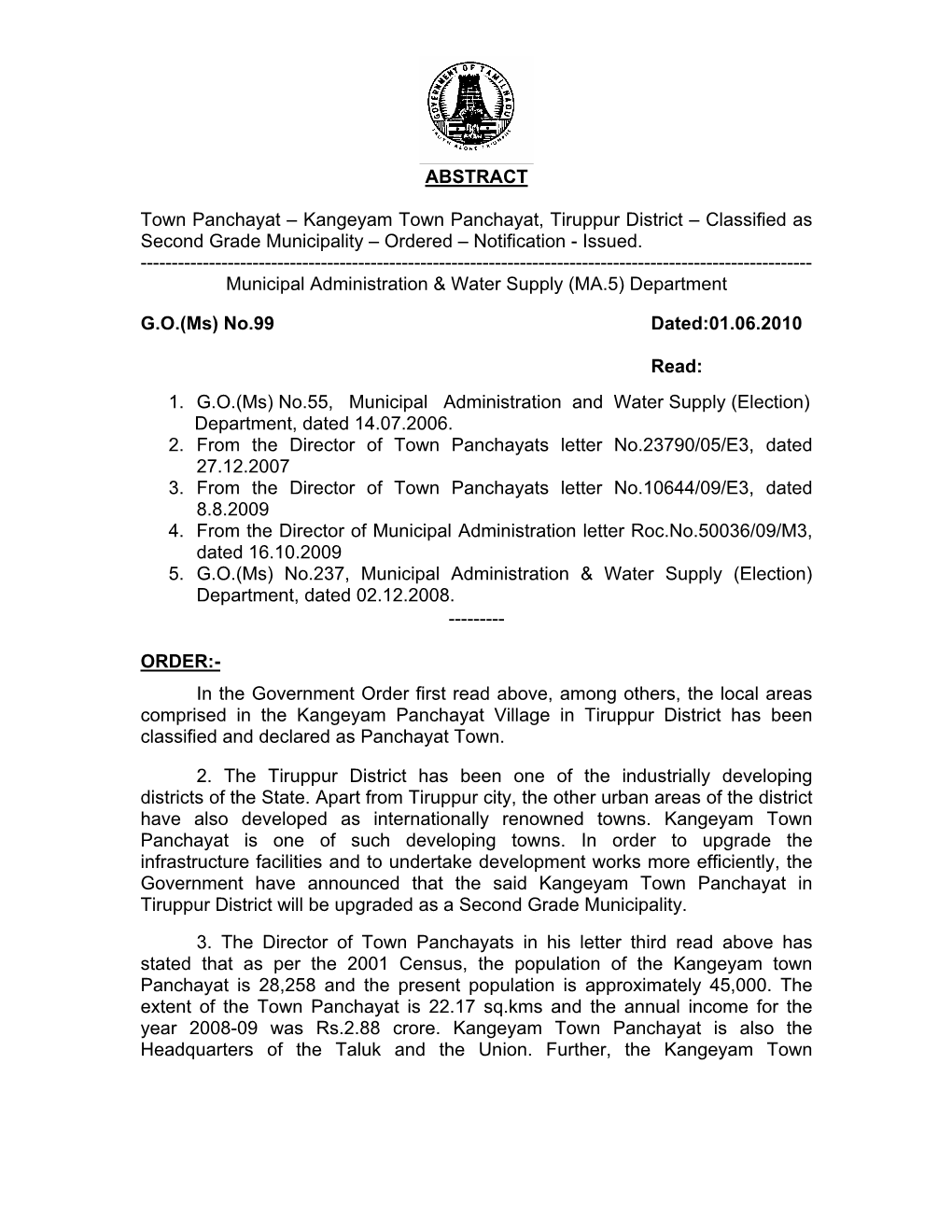 Kangeyam Town Panchayat, Tiruppur District – Classified As Second Grade Municipality – Ordered – Notification - Issued