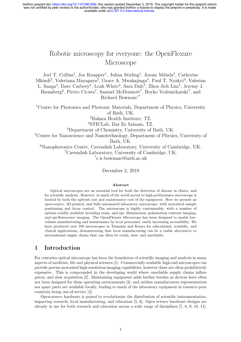 Robotic Microscopy for Everyone: the Openflexure Microscope