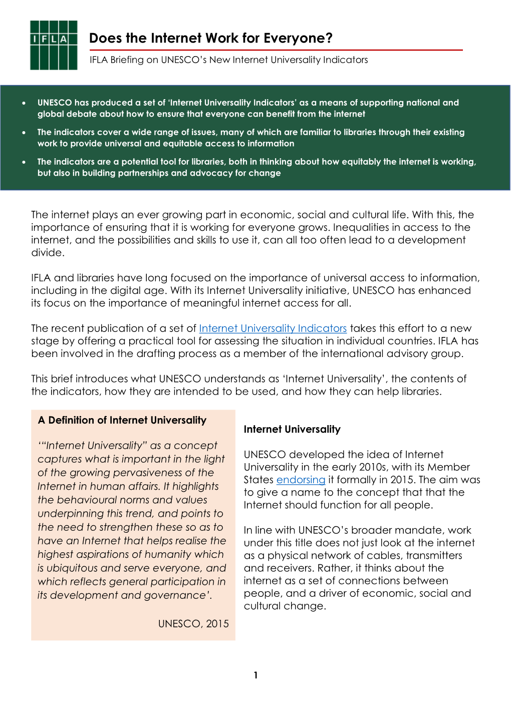 IFLA Brief on the UNESCO Internet Universality Indicators
