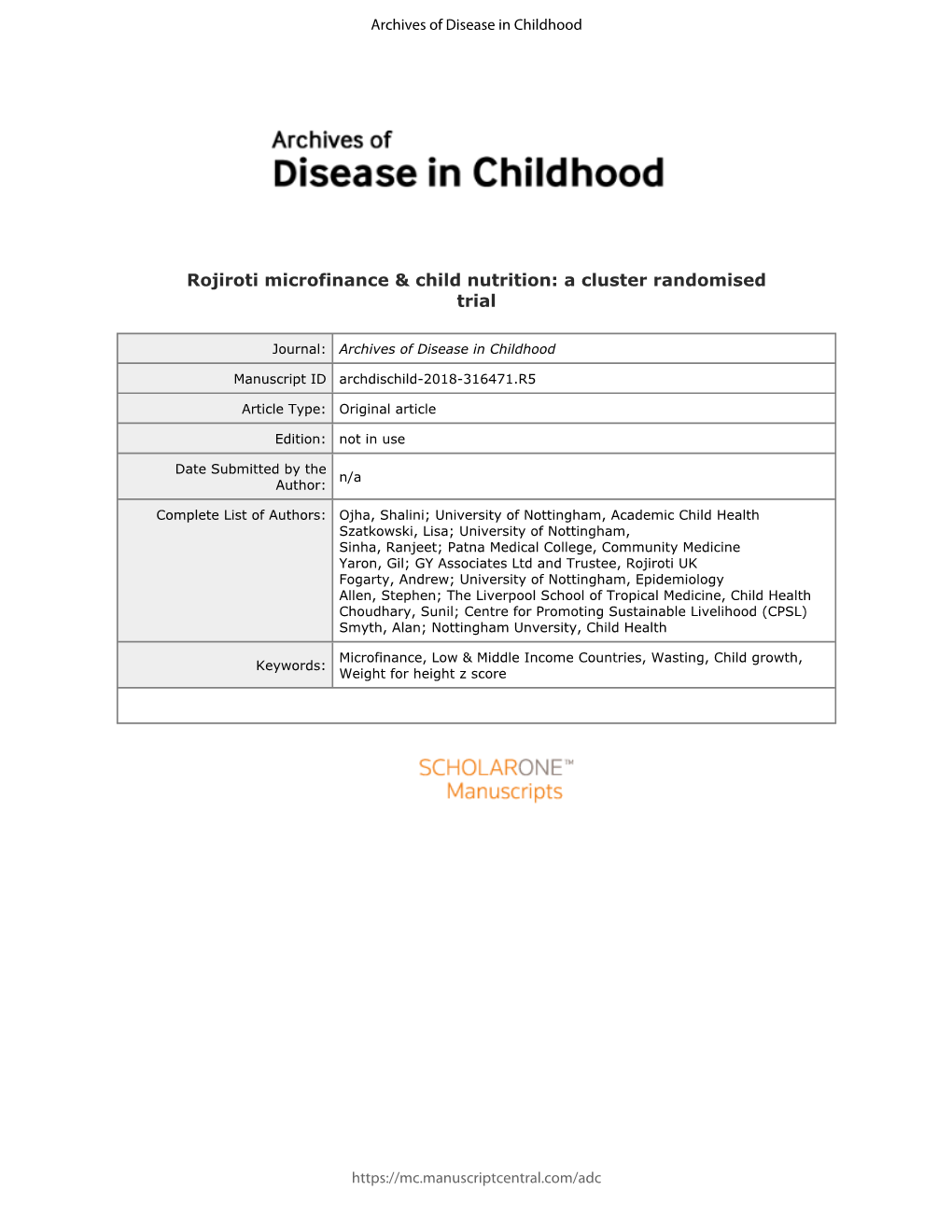 Confidential: for Review Only Rojiroti Microfinance & Child Nutrition: a Cluster Randomised Trial