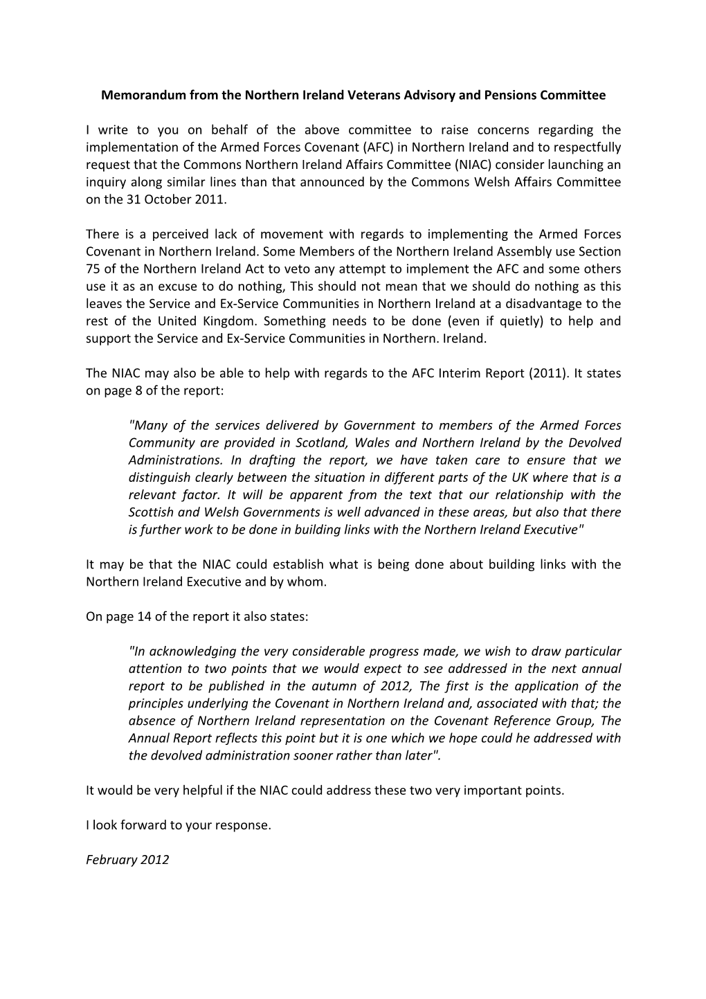 Memorandum from the Northern Ireland Veterans Advisory and Pensions Committee